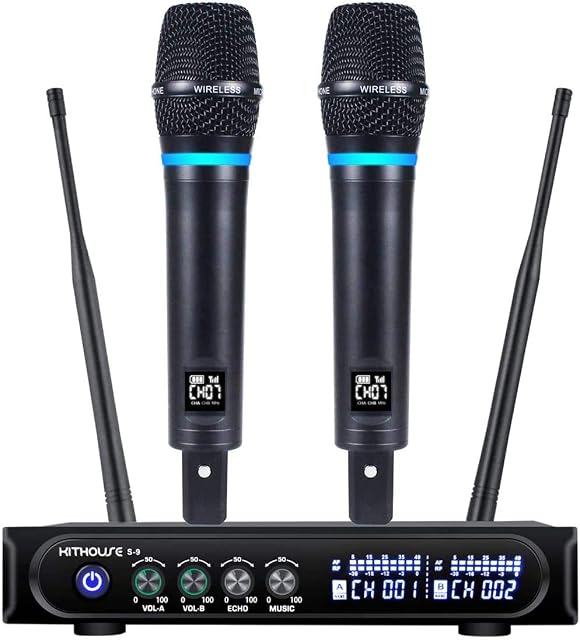Kithouse S9 UHF Rechargeable Wireless Microphone System Karaoke Microphone Wireless Mic Cordless Dual with Bluetooth Receiver Box + Volume Control ECHO for Karaoke Singing Speech Meeting Church