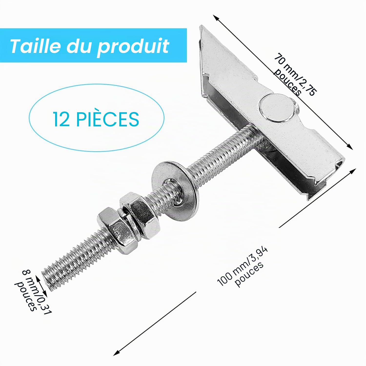12 Pièces Crochet Plafond, M8 x 100 mm Chevilles Placo Beton Charge Lourde, Fabriqué en Acier au Carbone Galvanisé, Cheville pour Parpaing Creux, Convient aux Murs et Plafond