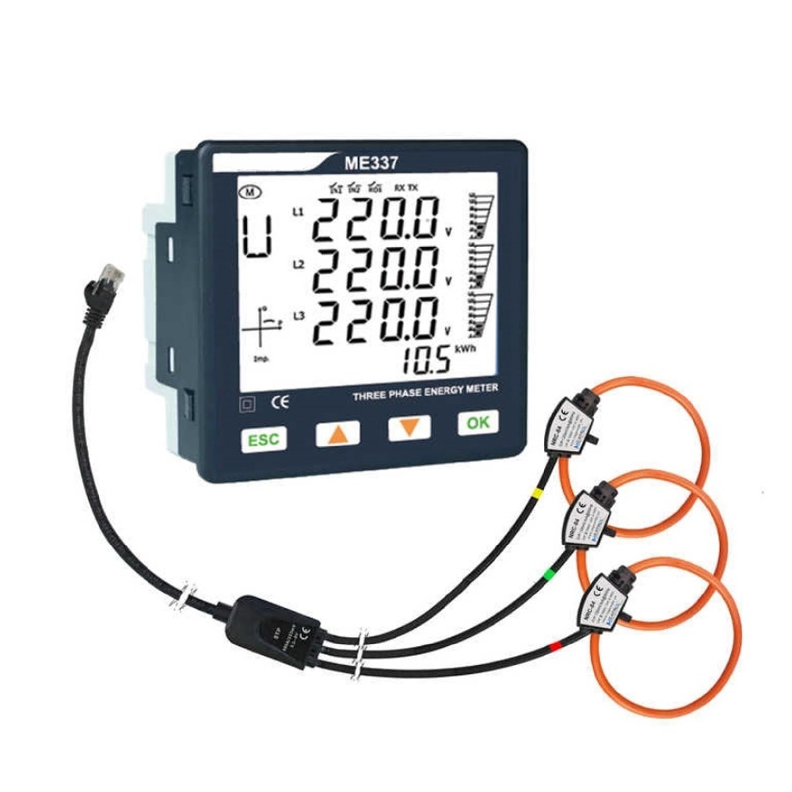 contatore Elettrico Misuratore di energia ME337 monofase e trifase con Display LCD e Pinza amperometrica a Bobina di Rogowski(ME337ND8 No Coil)