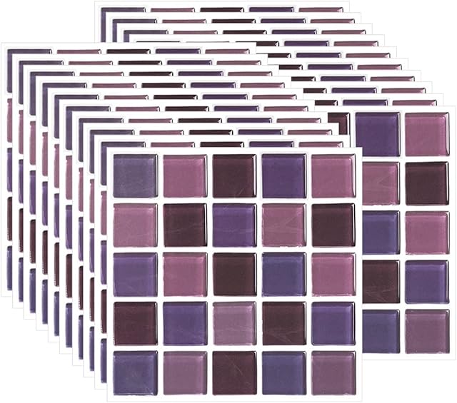 FBBULES 20PCS Tile Stickers, Self-Adhesive On Tile Peel Stick Wallpaper Heat Resistant Waterproof Backsplash for Living Room Kitchen Mosaic Style Purple (10 x 10cm / 4 x 4 inch)