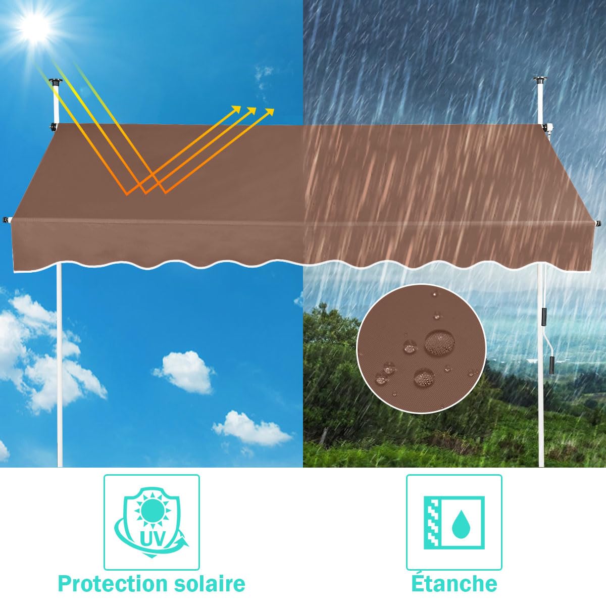 GOPLUS Toldo Retráctil Manual, Toldo Enrollable Impermeable con Manivela, Altura Ajustable 2-3M, Toldos Exterior Terraza Balcón Jardín (Marrón, 2,5 m)