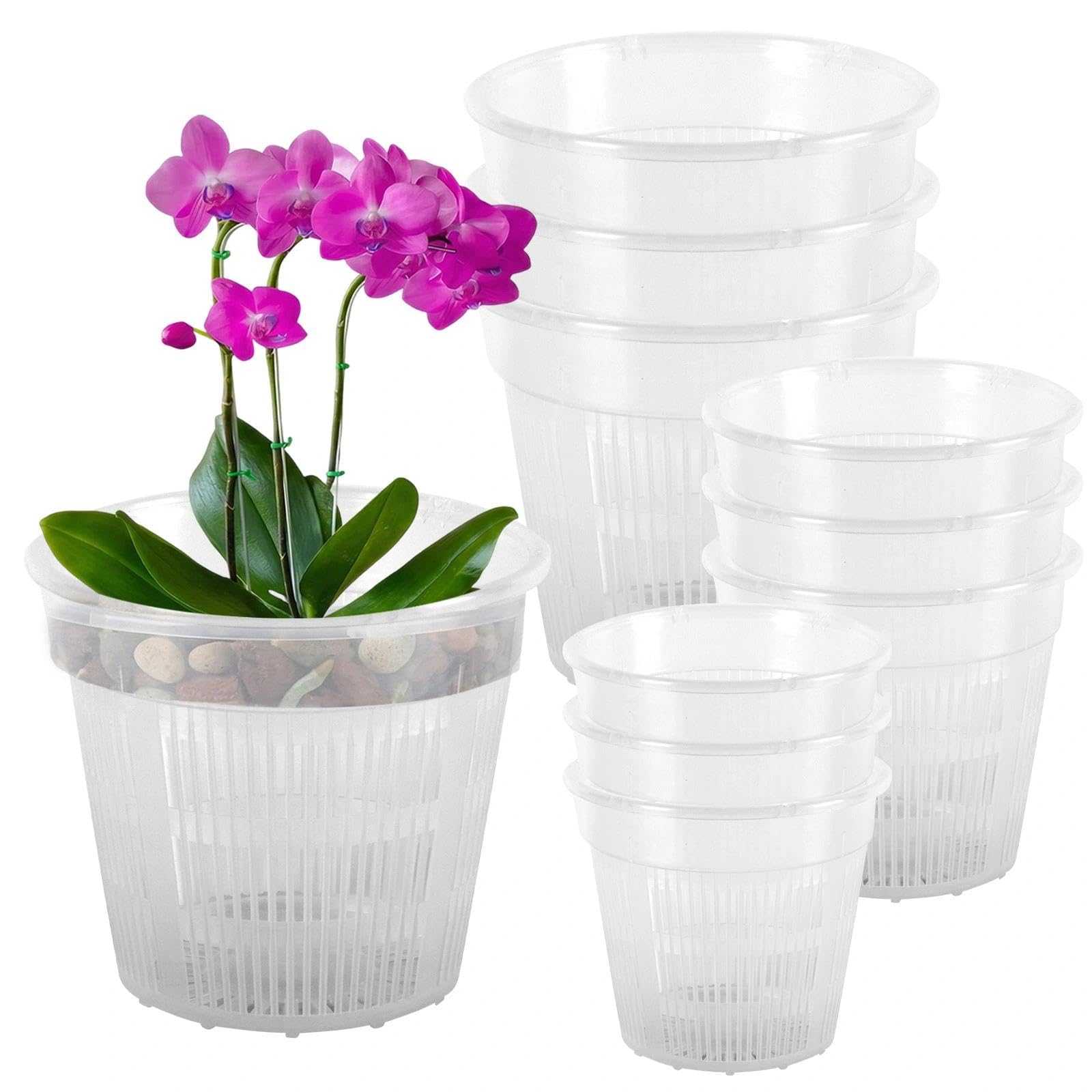 Set da 9 Vasi Trasparenti per Orchidee in Plastica, 11/14/16 cm con Foro di Drenaggio, Vasi per Piante da Interno, Fioriere, Balcone e Giardino, Cachepot per Orchidee e Piante da Appartamento