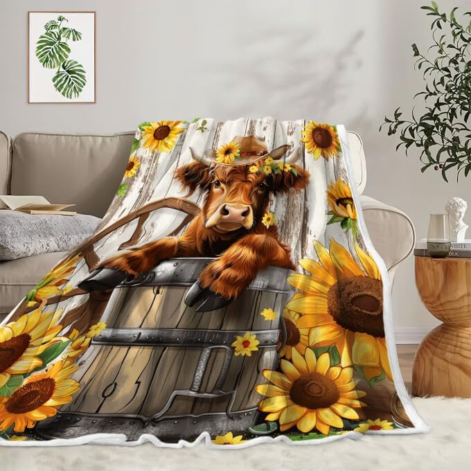 Farmhouse Highland Cow Throw Blanket, Rustic Cow Throw Blankets Farmhouse Bull Sunflower Flannel Bed Blankets, Soft, Flannel, Warm, Western Farm Country Bull Blankets for Couch Bed 50X60 Inch