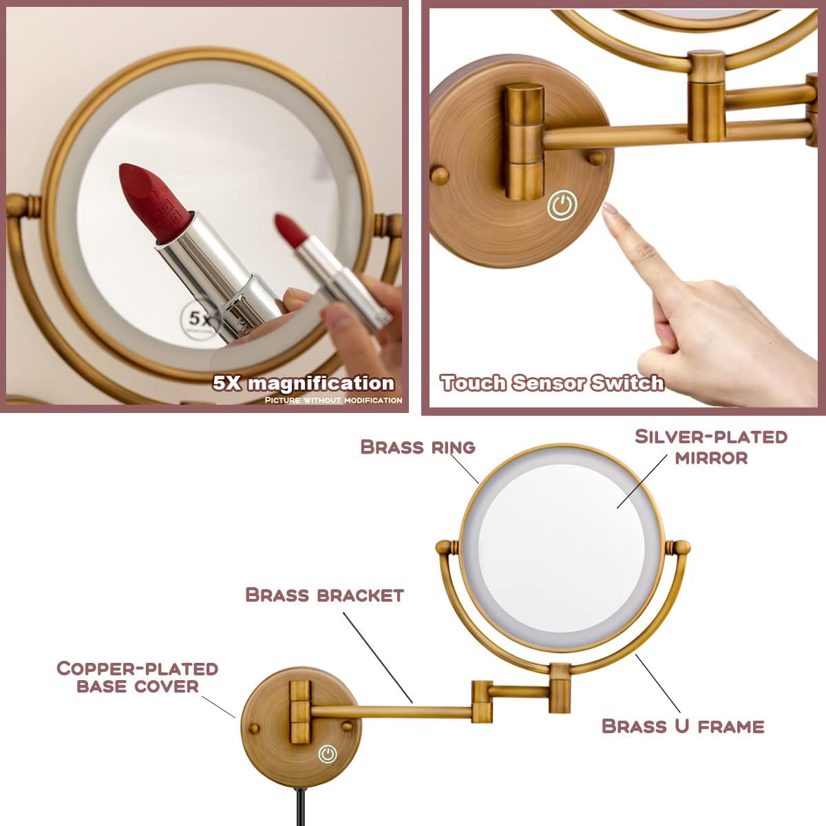 8" Brass Wall Mount Makeup Mirror with Lights, 1X/5X Double Sided Personal Mirrors for Bathroom with 360 Swivel Extendable, Antique Brass Indoor Arts Ware, Plug Powered