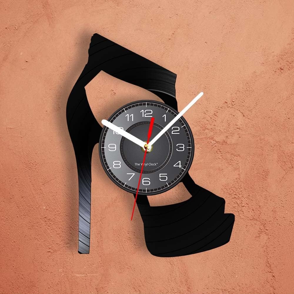 12'' High Heeled Shoes Silhouette Vinyl Record Wall Clock, Modern Silent Quartz Non Ticking Battery Operated Wall Clock Watch Personality Fashion Wall Decor for Shoes Shop Girls Bedroom