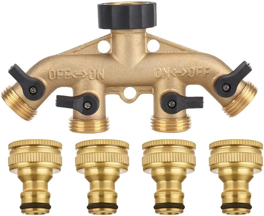 FONGKNOX 4 Way Solid Brass Hose Splitter 4-Way Hose Connector With Shut Off Valves, 3/4" Tap & Outlets with 4 Quick Connectors Adaptors