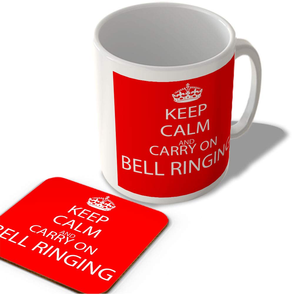 Mcmug White - Keep Calm And Carry On Bell Ringing - Mug And Coaster Set, Ceramic, 11Fl.oz.