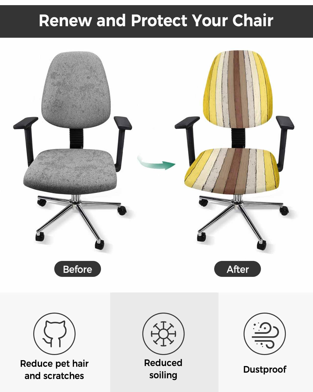 Yellow Brown 2 Pieces Computer Office Chair Covers Set,Stretchable Desk Rotating Chair Seat Cushion Slipcover Back Covers,Farmhouse Retro Shabby Wooden Grain Art Slipcover Back Cover,Protectors Cover
