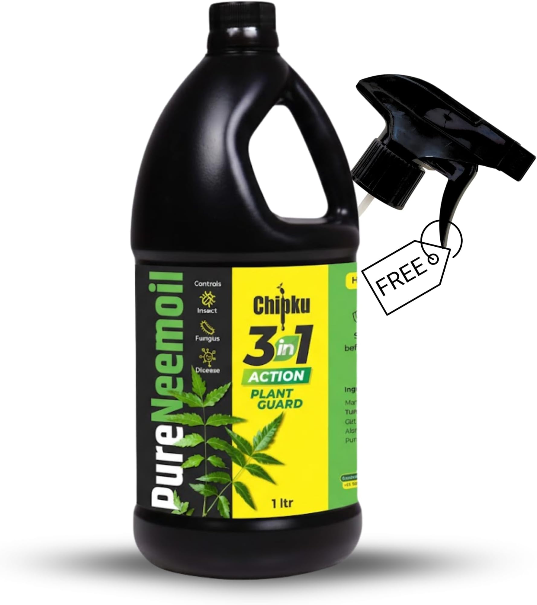 Organic Neem Oil for Plants 1 ltr With Free Spray Gun Concentrate Cold Pressed Water Soluble Formula for Garden & Home Plants For Making 200 Neem Spray Bottles