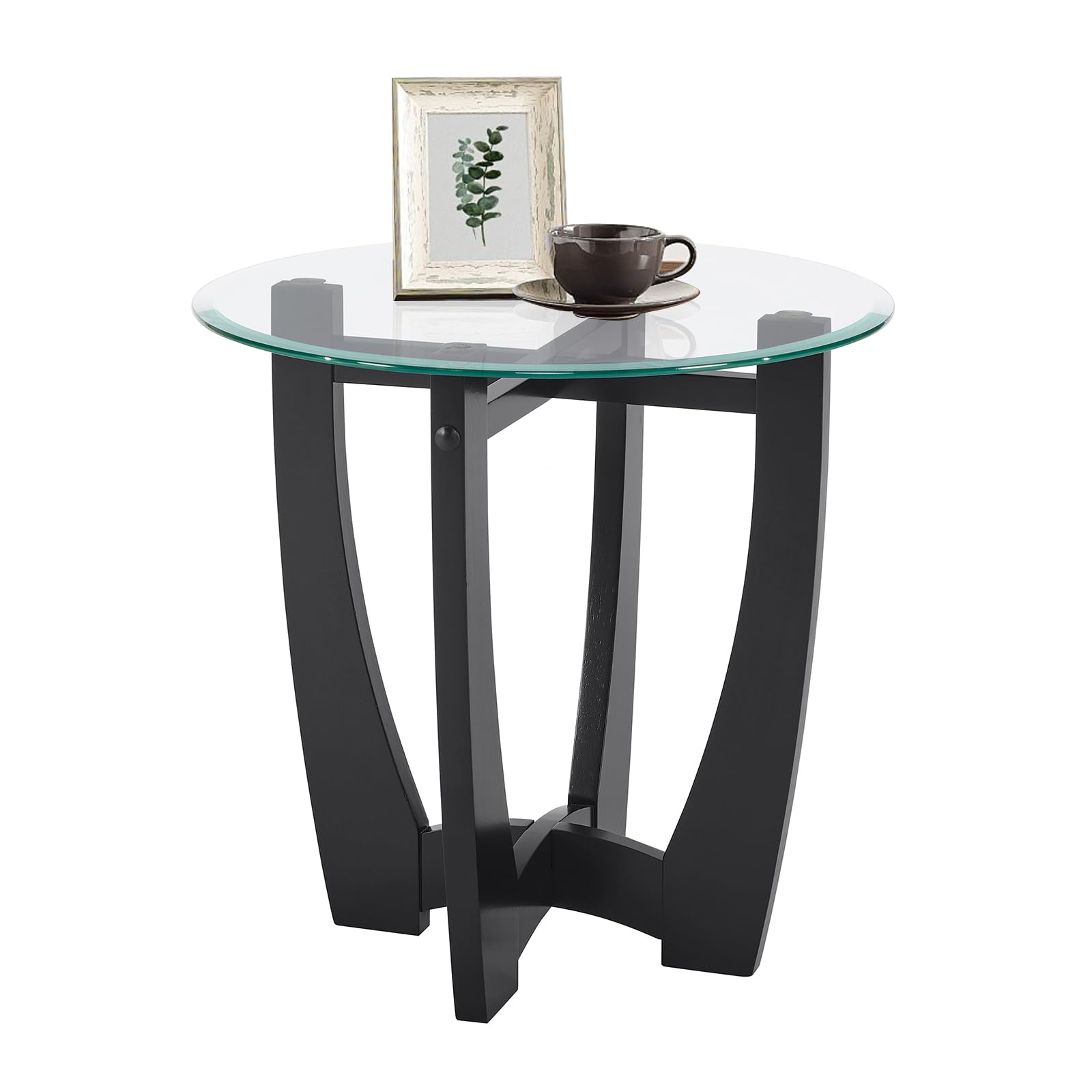 LKTART Glass End Table, 23.5" Round Side Tables with Tempered Glass Top Cross and Solid Wood Base Small Night Stand for Living Room Office Apartment