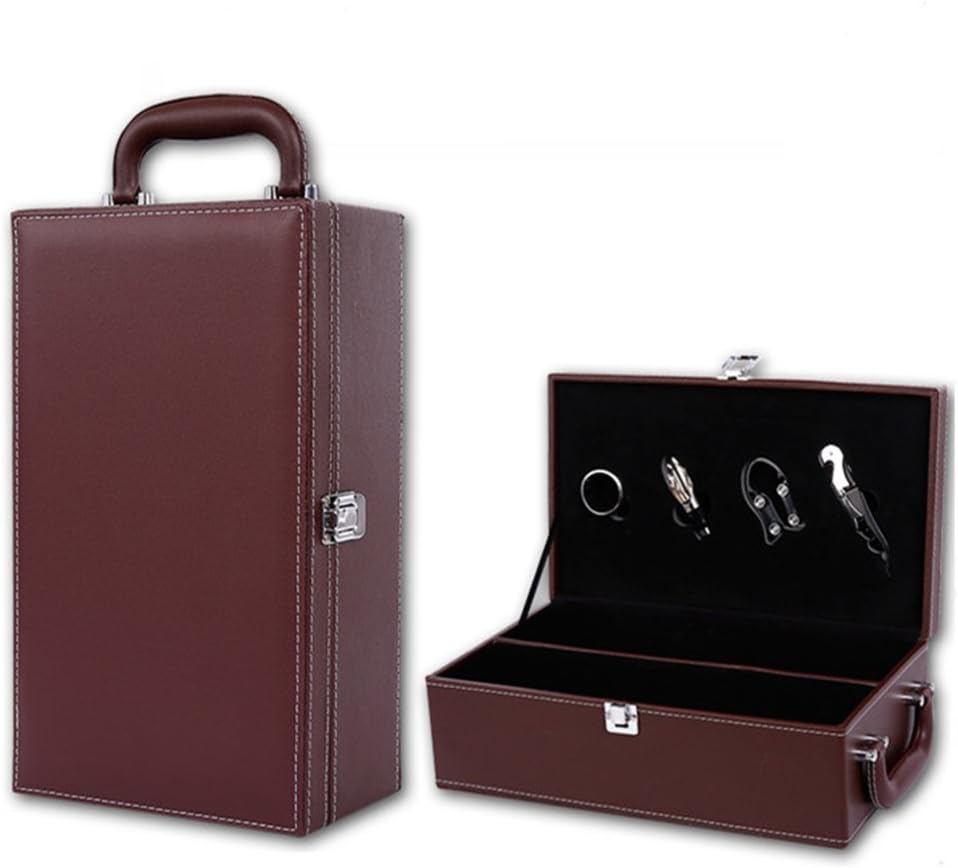PU Leather Bottle Modern Top Handle Wine Box Travel Storage Box Champagne Bottle Case Holder Carrier with 4 Piece Wine Accessory Set (Two Bottle Red)