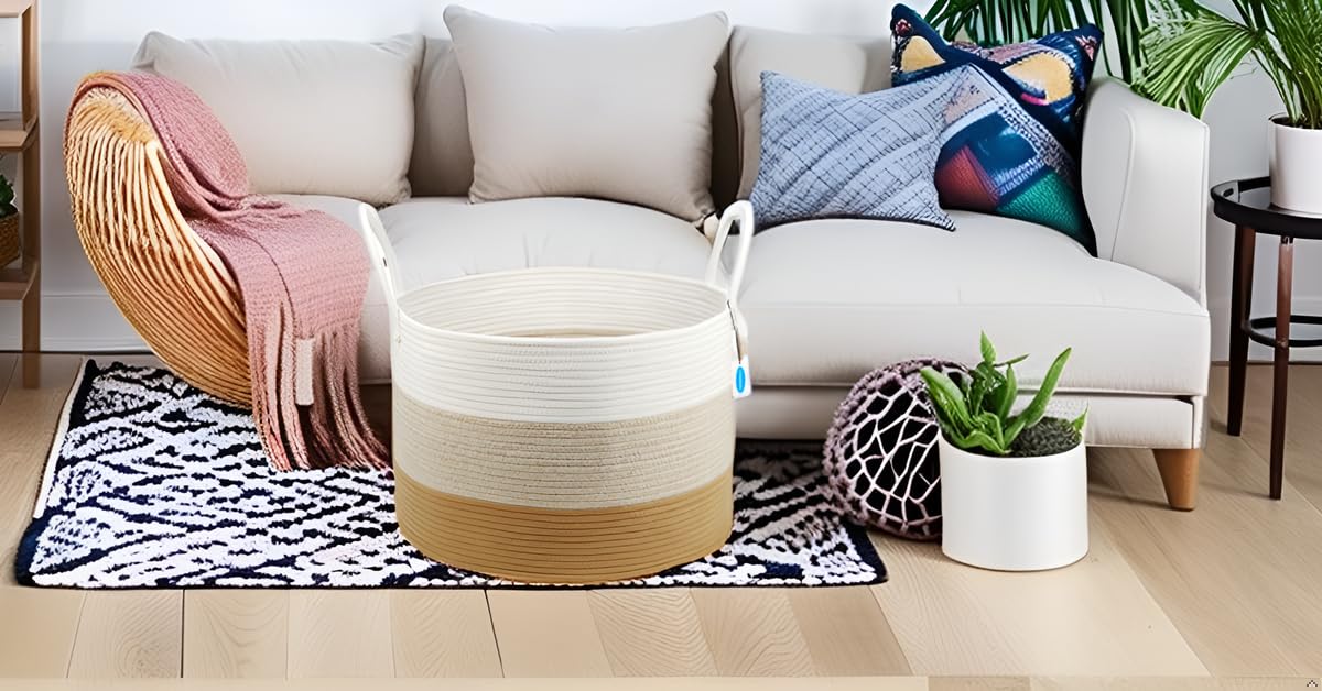 Casaphoria Cesto portaoggetti, cesto portabiancheria, 50,8 x 50,8 x 33 cm, cesto per coperte, cesto in corda di cotone, cesto portabiancheria, coperta per soggiorno (bianco e marrone sfumato