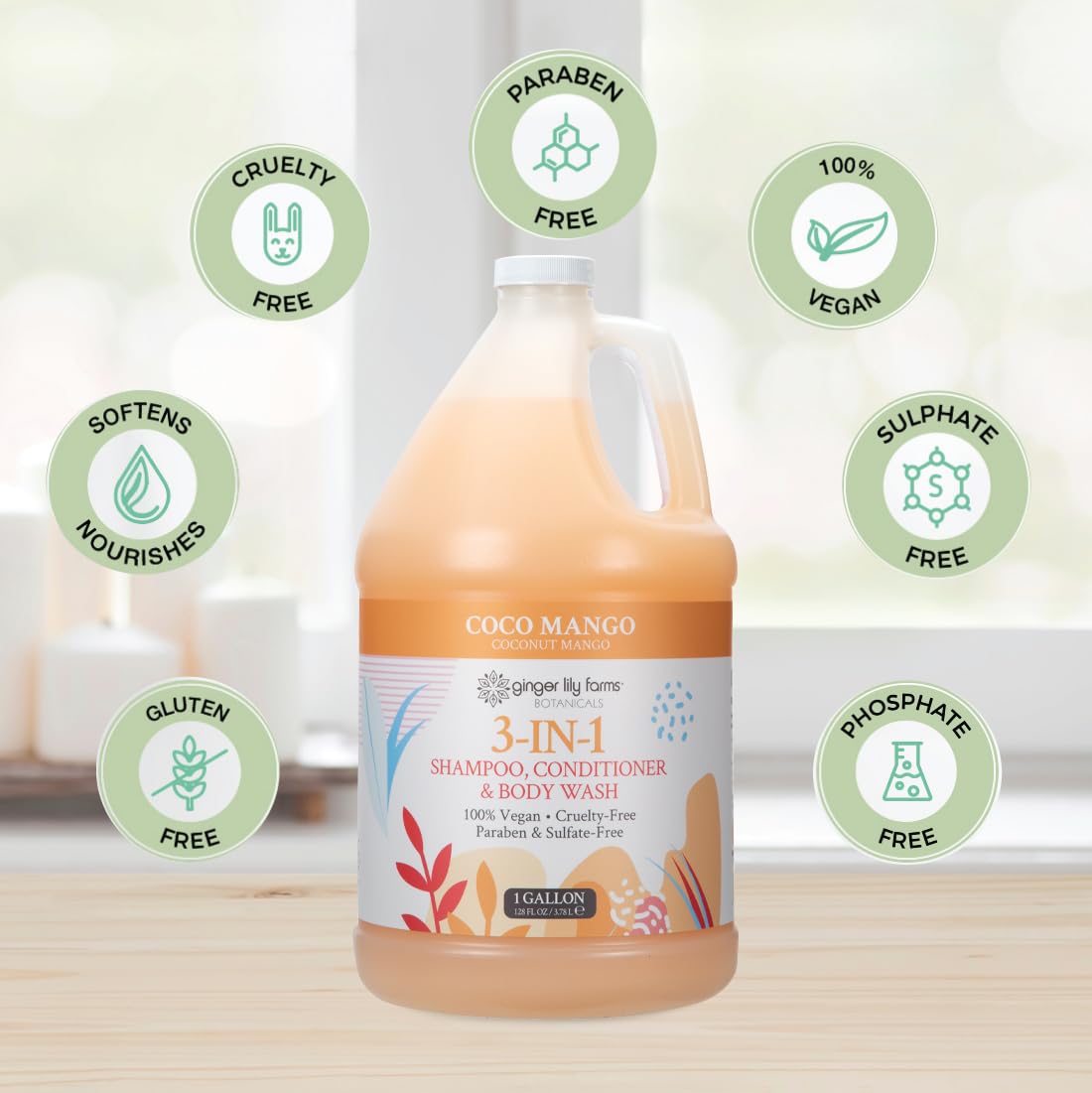 Ginger Lily Farms Botanicals 3-in-1 Shampoo, Conditioner & Body Wash, Coco Mango, 100% Vegan & Cruelty-Free, Coconut Mango Scent, 1 Gallon (Pack of 4)
