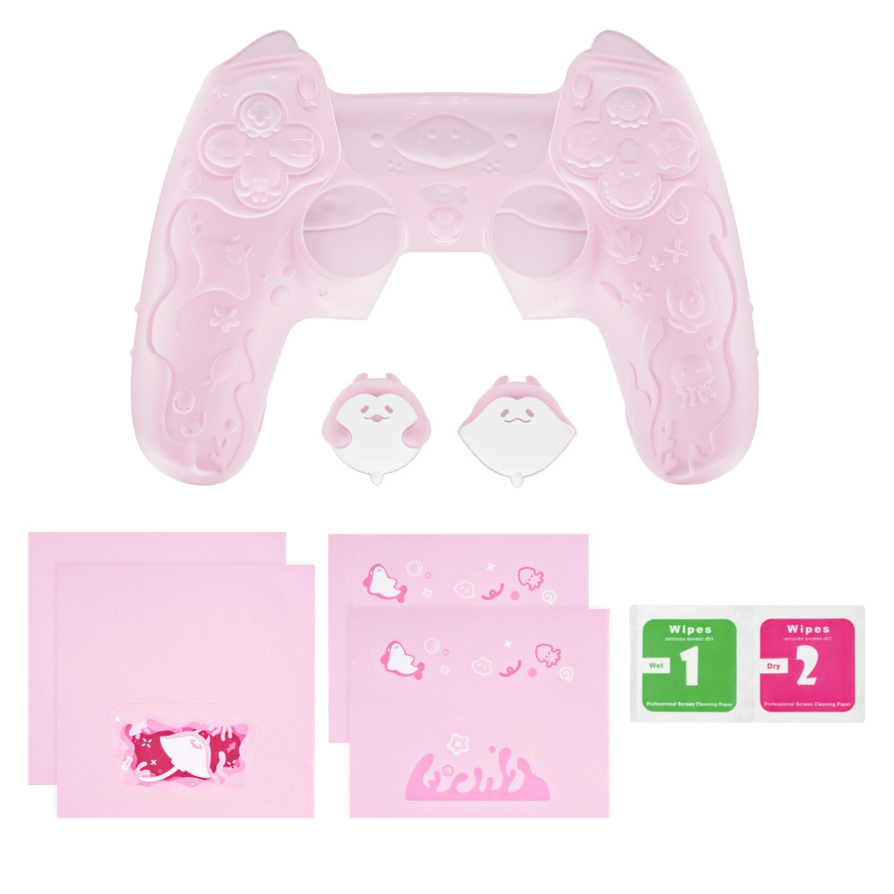 PlayVital Funda de Silicona Semitransparente para ps5 Mando - Serie Cute Ocean Whisper, Carcasa Protectora con Tapas para Joysticks y Pegatina, Compatible con Base de Carga (Rosa Melocotón)