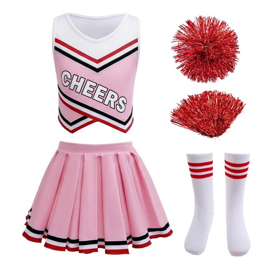 Lito Angels Cheerleader Cheerleading Costume Fancy Dress Up Outfit Clothing Set with Pom Poms and Socks for Kids Girls Age 5-6 Years, Pink Two Piece Set — image 1