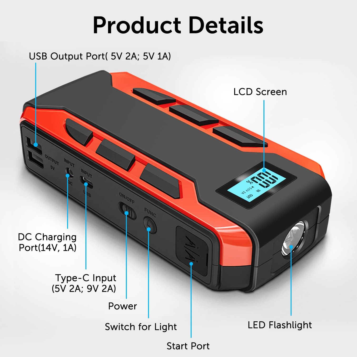 Portable Car Jump Starter, 800A Peak 10000mAh (6.0L Gas Car or 3.0L Diesel Car), 12-Volt Safe Lithium Jump Starter Box, Power Bank Charger, USB Quick Charge, LCD Display, LED Flashlight
