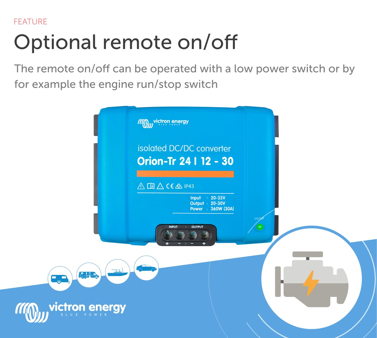 Victron Energy Orion-Tr IP43 24/12-Volt 30 amp 360-Watt DC-DC Converter, Isolated, Blue, 24/12-Volt, 30 Amp - Image 2