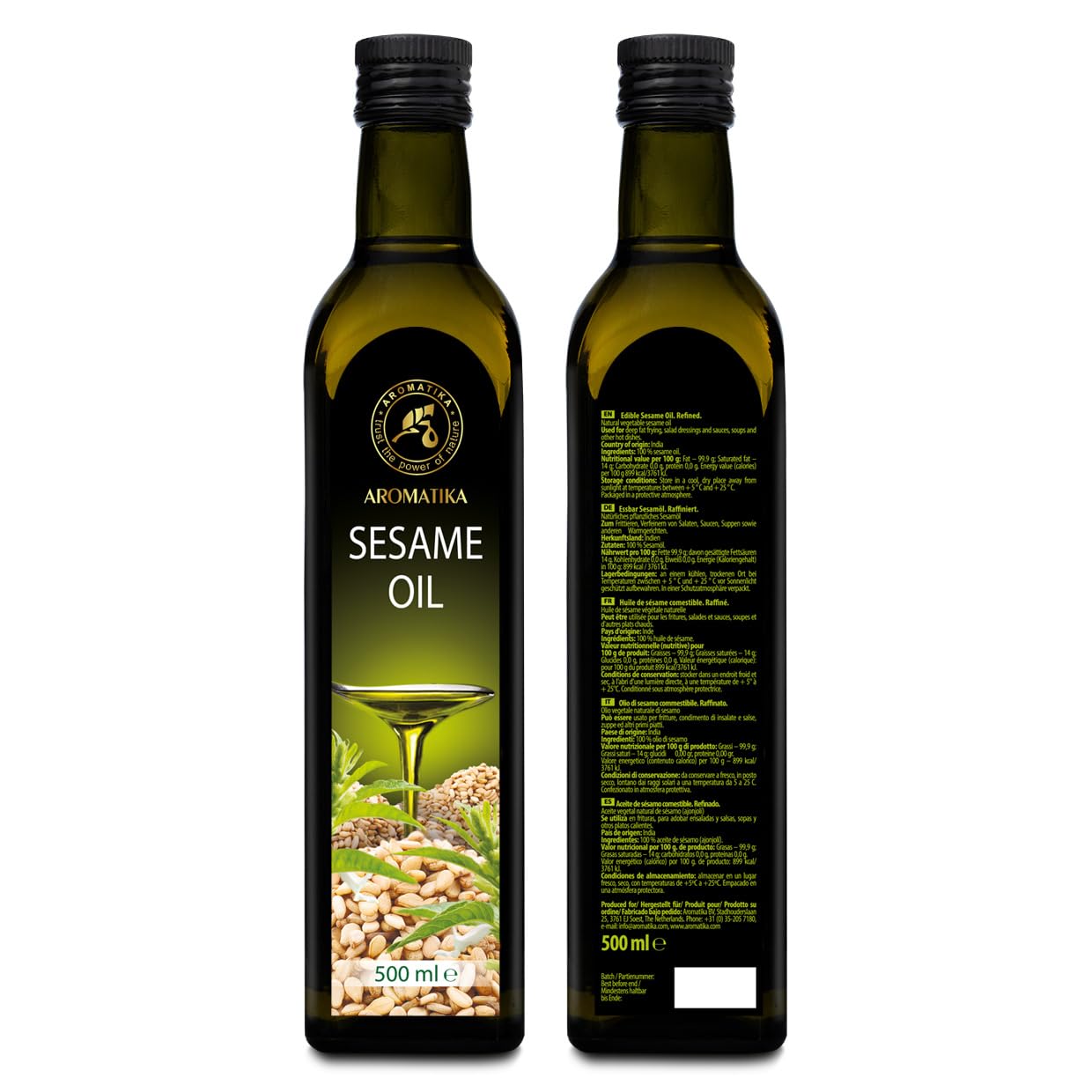 Huile de Sésame 500ml - Comestible - Pressée à Froid - Huile de Sésame pour Alimentation et la Santé - Sesamum Indicum - Pure & Naturelle