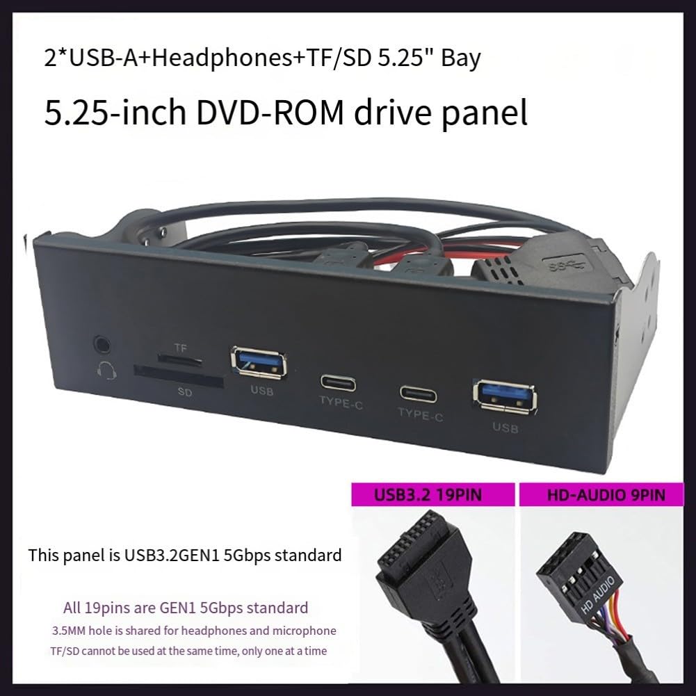 Zoegneer Frontpanel Erweiterung USB 3.2 Gen1 Frontpanel 5,25 Zoll Bay Konverter mit 5Gbps USB-A Type-C Audio Ports SD/TF Kartenleser für PC Gehäuse Schwarz ABS