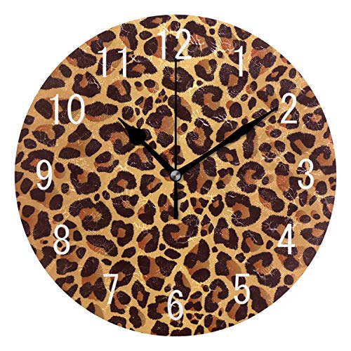 ALAZA Home Decor Brown Animal Leopard Print Round Acrylic 9.5 Inch Wall Clock Non Ticking Silent Clock Art for Living Room Kitchen Bedroom