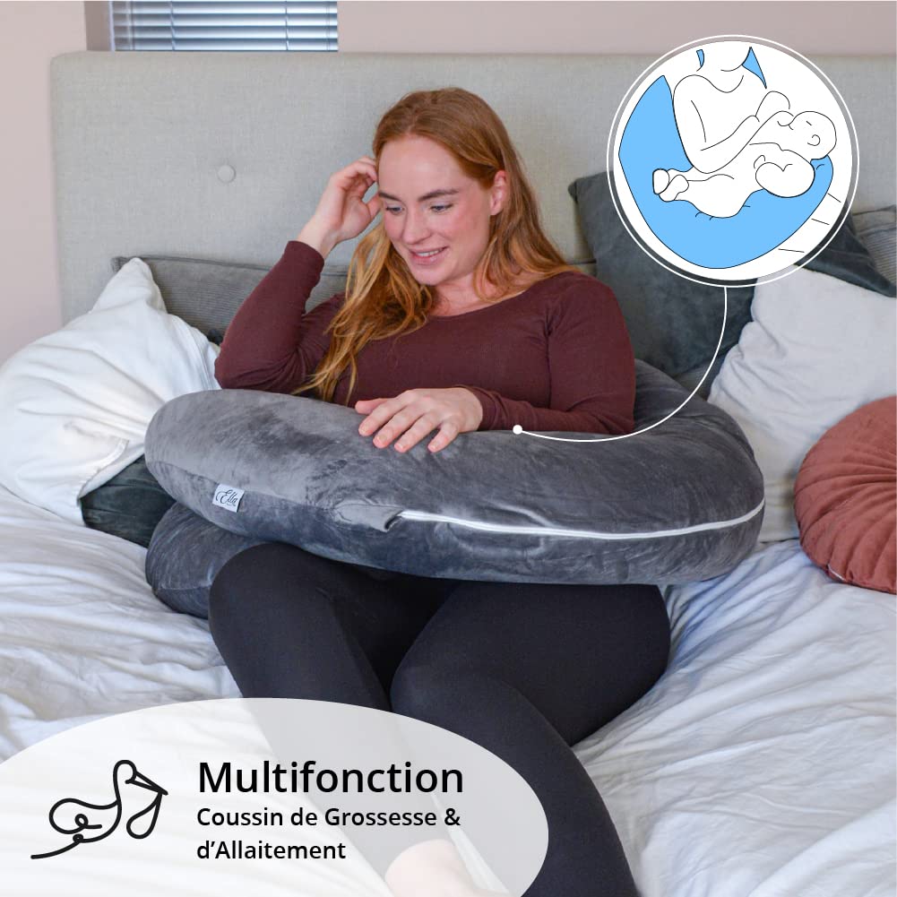 Ella Coussin de Grossesse - Coussin de Maternité et Corps Forme en C, Personnes Qui Dorment sur Le Côté - Rembourrage Polyester, Housse Amovible & Lavable en Minky Oreiller de Grossesse, 150x70cm Gris