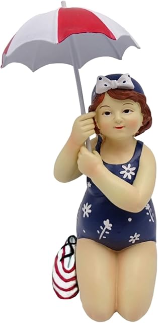 Quaytrader Cute Plump BEACH LADY Swimmer/Bather under Parasol - BATHROOM ORNAMENT/FIGURINE - Red, Blue & White - 20cm