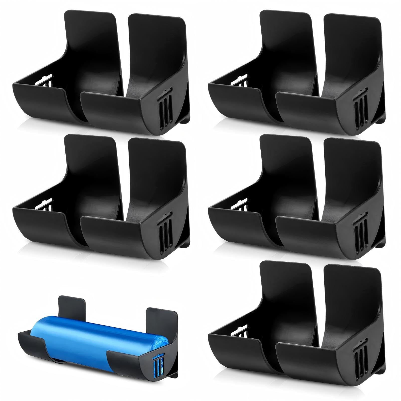MDPUTY 6 Pairs Garbage Bag Dispenser, Self-Adhesive Bag Holder Wall Mounted Plastic Cabinet Door Organiser for Kitchen Bathroom Cabinets (Black)