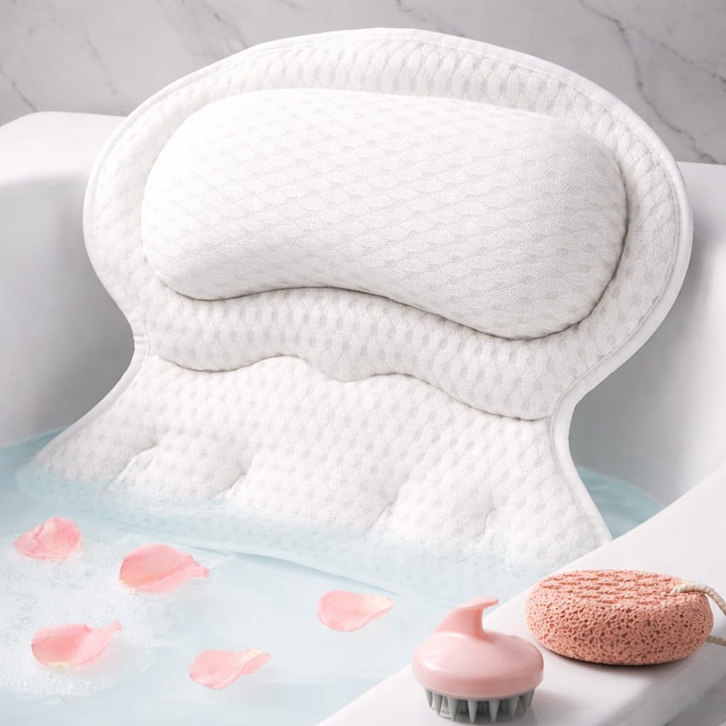 Bath Pillow for Tub Neck and Back Support Luxury Bathtub Pillow 4D Mesh Bath Pillow with Non-Slip Suction Cups Spa Bathtub Accessories Set with Bath Sponge & Scalp Massage Brush Relax Gifts for Women