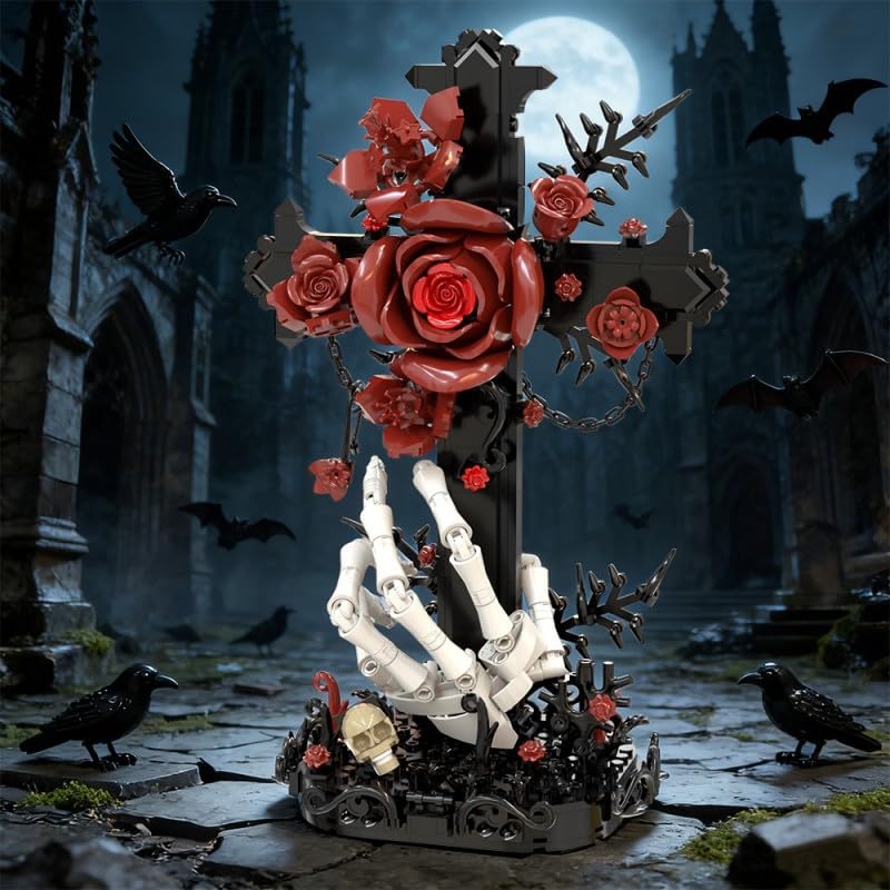 Gothisches Kreuz & Rot Rosen-Bauset, Skelett-Hand mit Schädel Sammlermodell, Dunkle Fantasy-Deko für Erwachsene Bauklötze-Set, Halloween-Romantische Geschenke, Spuk-Themen-Spielzeug-Display