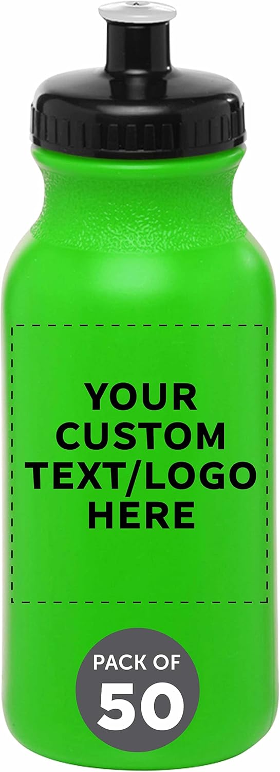 DISCOUNT PROMOS Custom 20 oz. Water Bottles with Push Cap Set of 50, Personalized Bulk Pack - Perfect for Gym, Hiking, Camping, Outdoor Sports - Neon Green