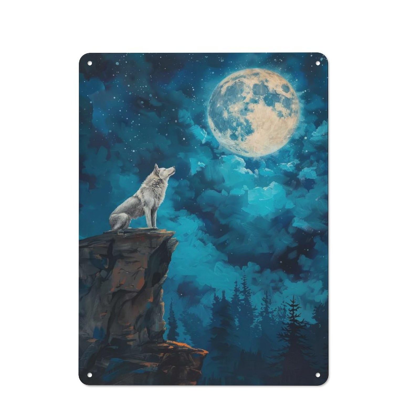 Character Decorative Tin Plaque 40x30cm Featuring Wolf Howl in Moon Night, Home Wall Decor for Flat, Dorm Room, Lounge Or Cafe