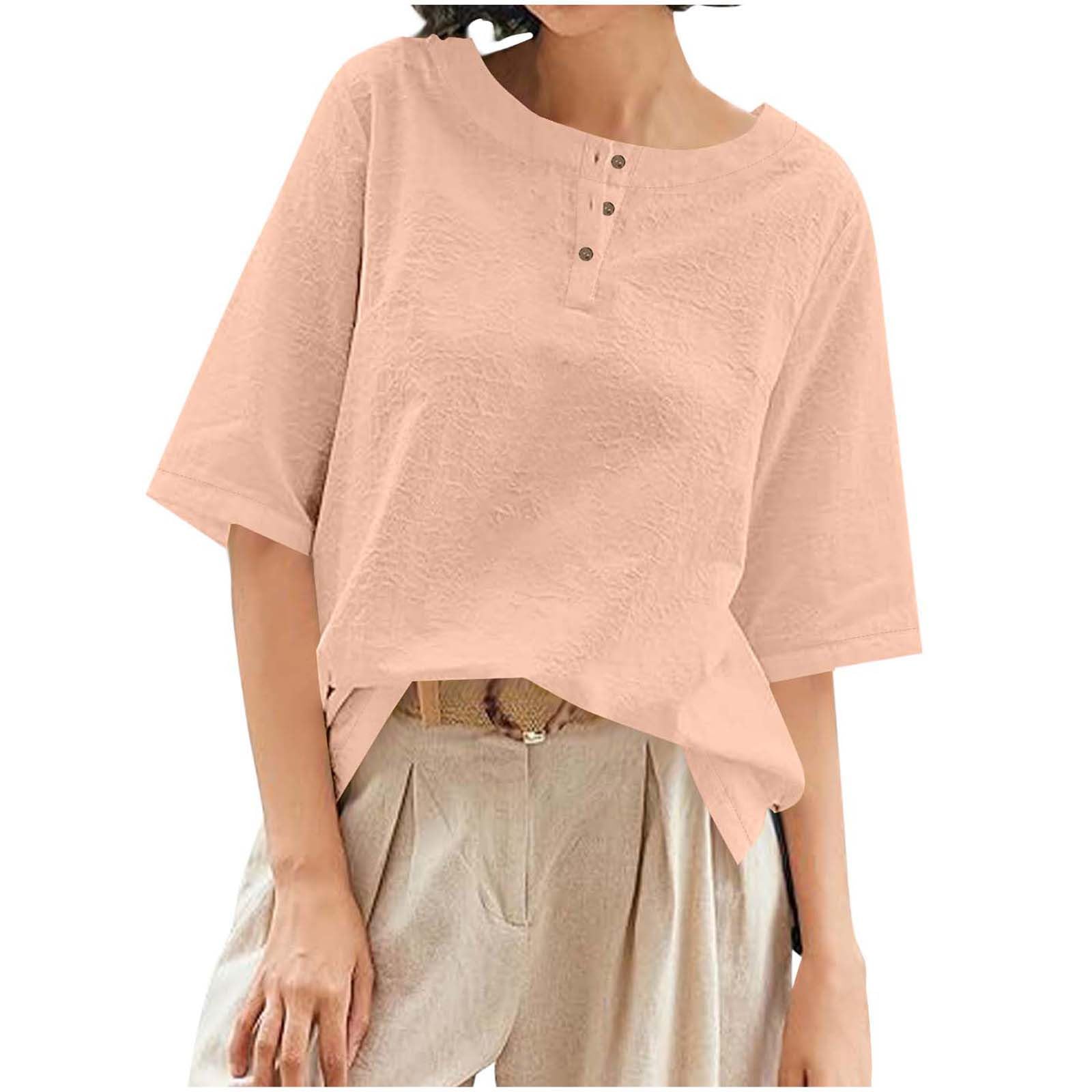 Linen Tops for Women Loose Fit Vintage Vacation T Shirts Half Sleeve Crew Neck Tshirt Casual Boho Travel Beach Clothes