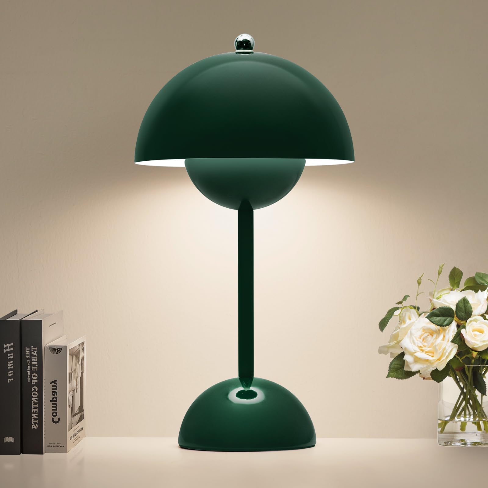 Modern Flowerpot Cordless Table Lamp,5200mAh Rechargeable Battery Operated Mushroom Light,3 Color Stepless Dimmable,Portable Bedside LED Desk Lamp,Perfect for Bedroom/Restaurant(Dark Green)