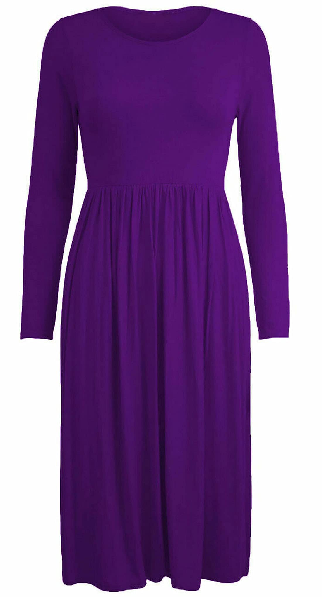 Fairy Boutique Women's Purple Plain Long Sleeve Midi Swing Dress Flared Pleated Jersey Skater Dress