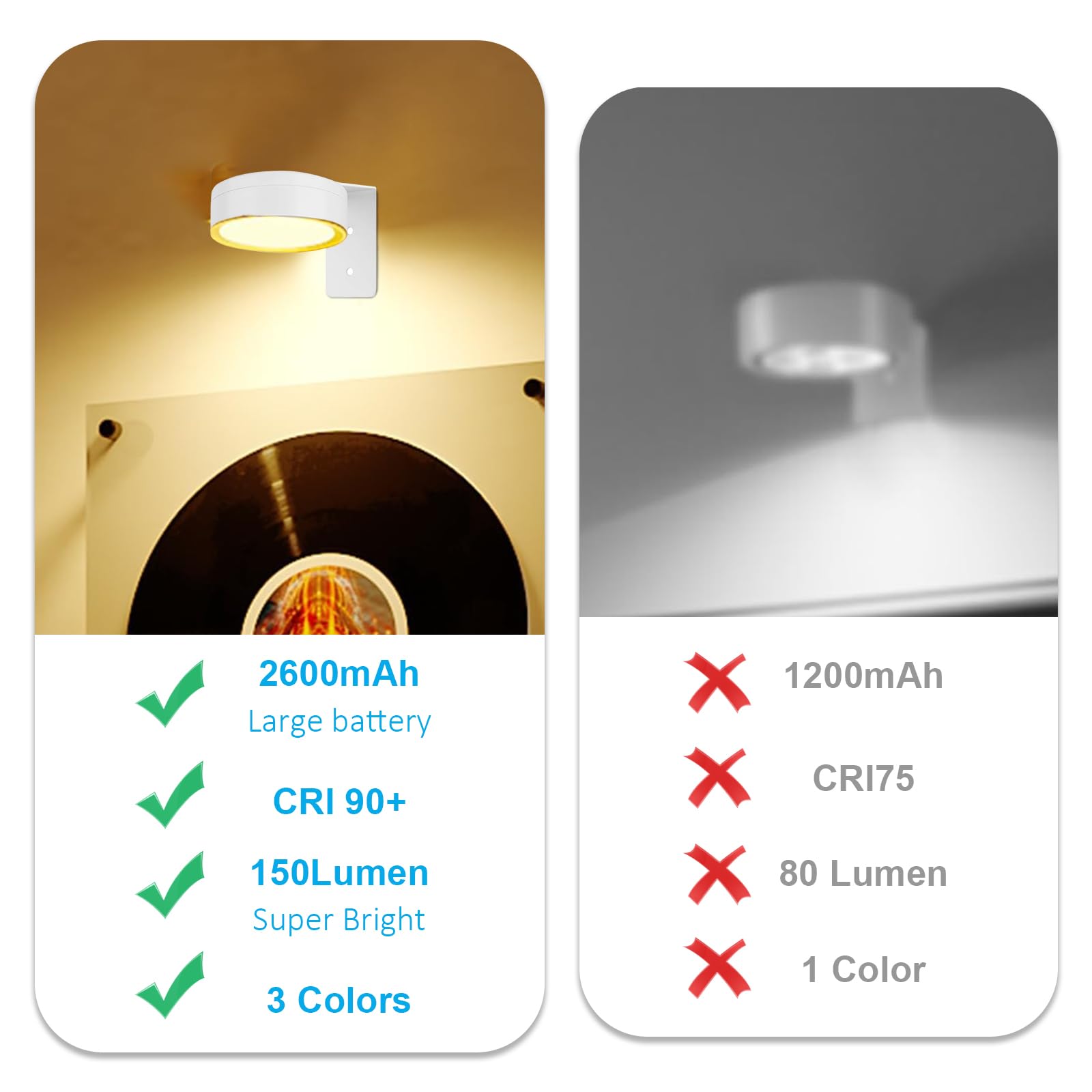Lot de 2 lampes magnétiques sans fil avec 3 modes d'éclairage - Spot LED sans fil - Avec télécommande et minuterie - Pour peinture photo - Blanc