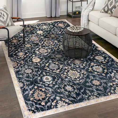 KILOCOCO 5x7 Area Rug, Moroccan Super Soft Washable Living Room Vintage Rug, Non-Slip Large Print Faux Wool Throw Indoor Rug for Entryway Bedroom Office Carpet, Black, Navy Blue/Multi