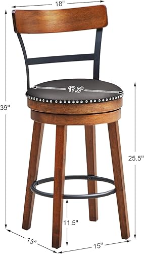 Miniatura 13 de COSTWAY Juego de 2 taburetes de bar, taburetes giratorios de 360 grados con asiento acolchado de cuero, respaldo de escalera de un solo listón y