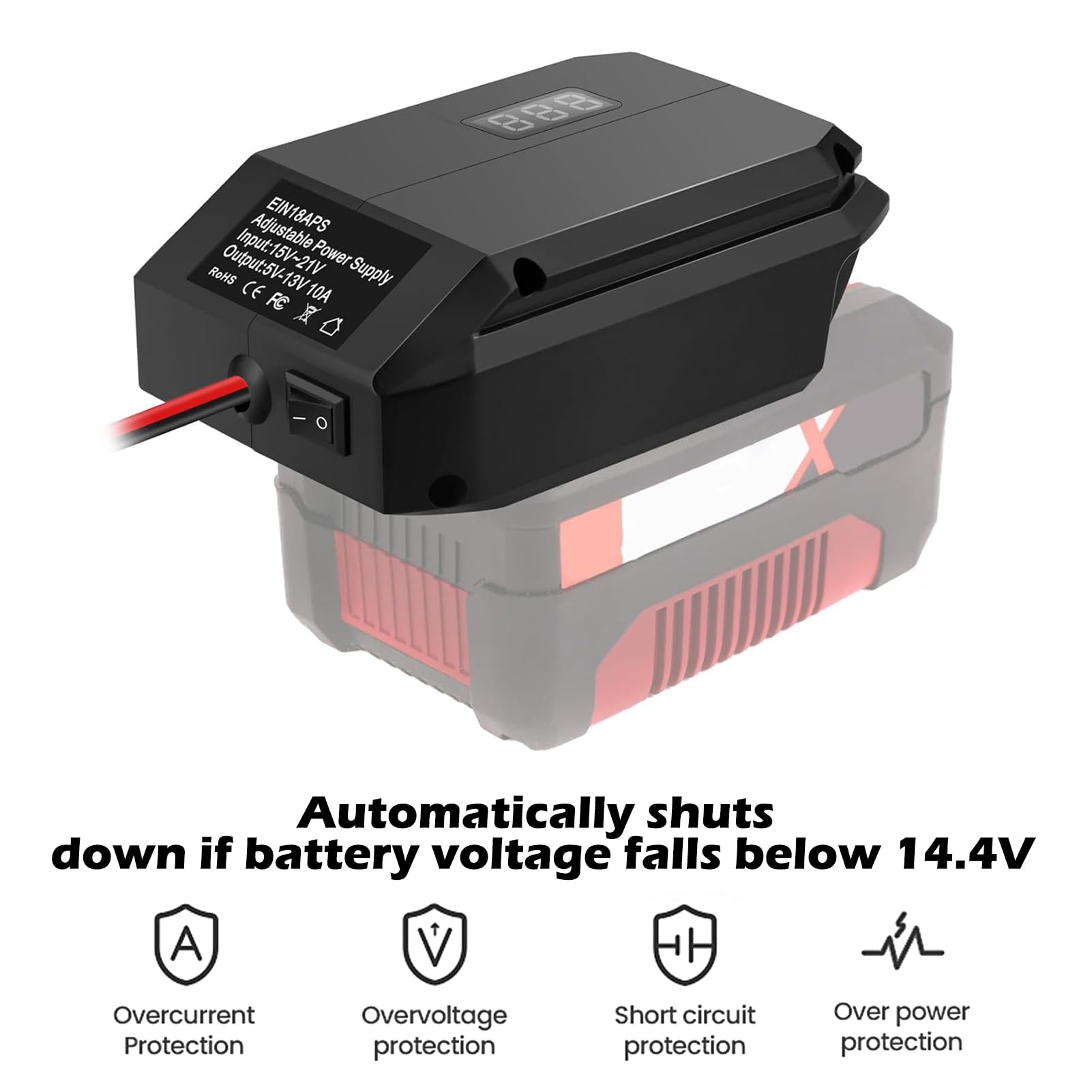 Convertisseur abaisseur 18 V à 12 V pour Batterie Einhell 18 V, Tension CC Adaptateur d'alimentation pour Batterie Sortie 5 V-13 V Max. 10 A Prise Allume-Cigare