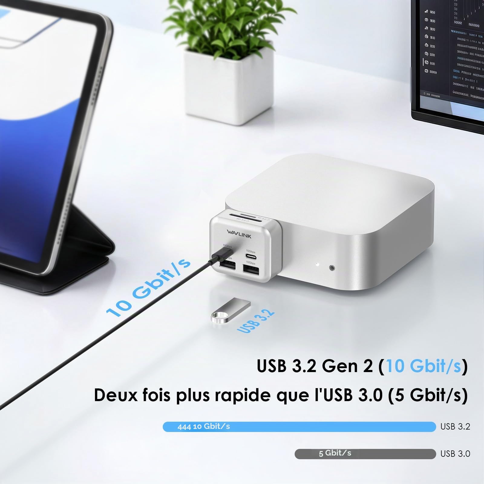 WAVLINK Hub pour Mac Mini M4, Hub 6 Ports pour Mac Mini | 2 x USB-C 10 Gb/s, 2 x USB-A 10 Gb/s, lecteur de cartes SD 3.0, pour Mac mini M4 et M4 Pro