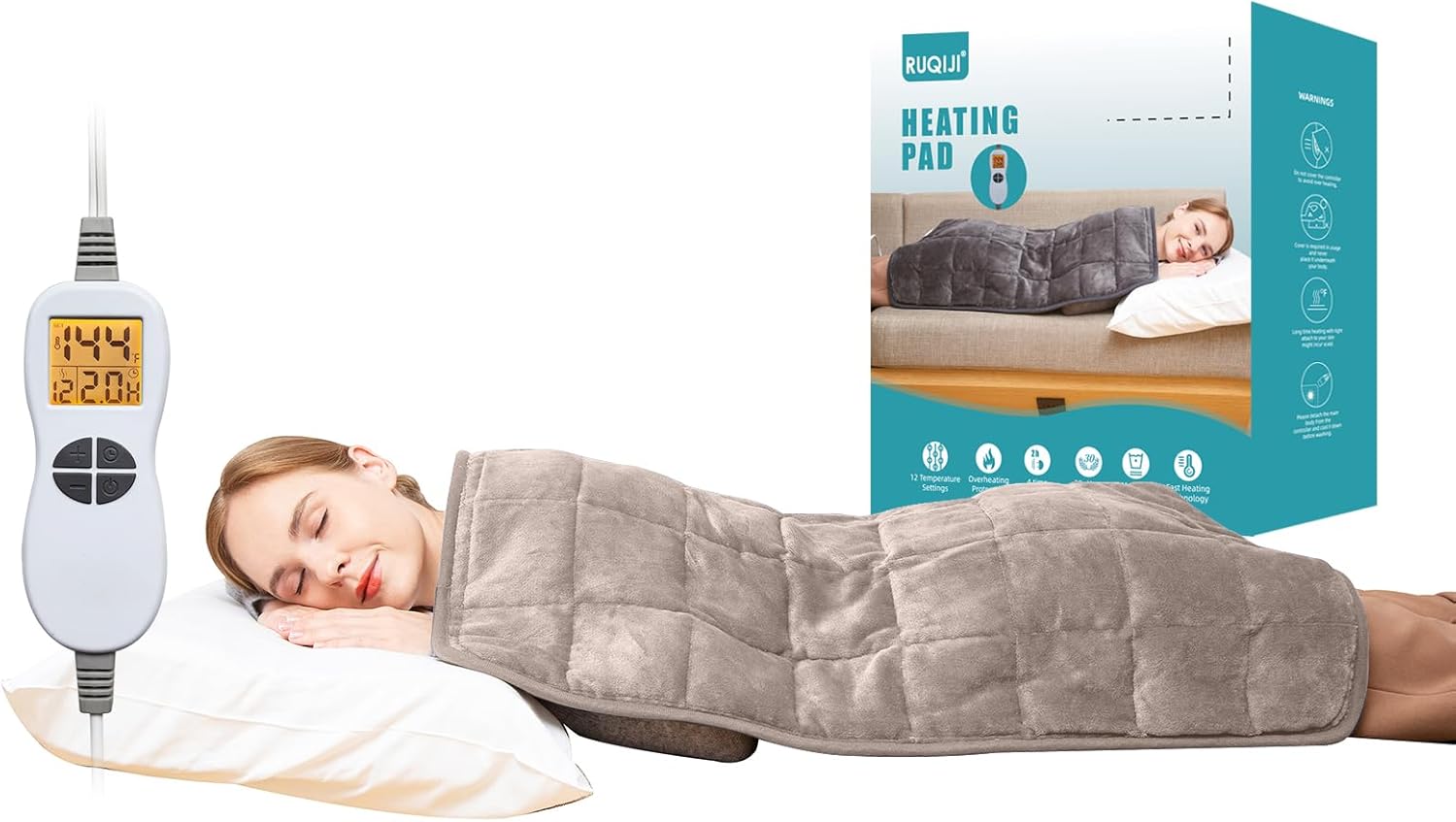 RUQIJI 17''x33'' Weighted Heating Pad, 5.2lbs with 12 Temperature Settings& Countdown Display, Pain Relief for Back/Neck/Shoulders/Abdomen/Legs, Birthday Gifts for Mom Dad Women Men (Light Tan) 02 Weighted Light Tan 17''x33''