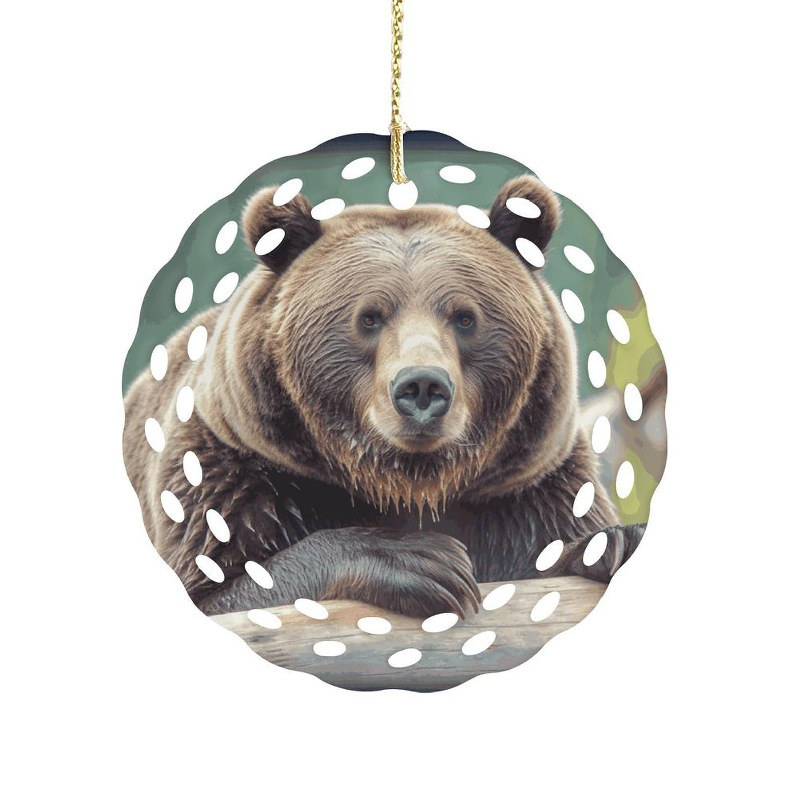 Btcowzrv Style Grizzly Bear Ceramic Ornament,Round Ornaments With Hole Easy To Hang,Hanging Ornament For Wedding Party Home Window Garden Christmas Day Decor