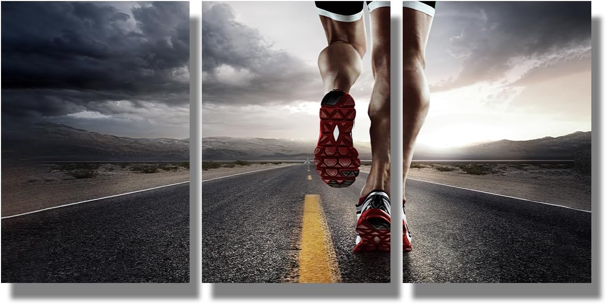 3 Pieces Sports Canvas Wall Art Runner Feet Running on Road Wall Decor Fitness Wall Art for Living Room Bedroom Office Sports Framed Wall Art Waterproof Artwork Gift Ready to Hang 12X16X3 INCH