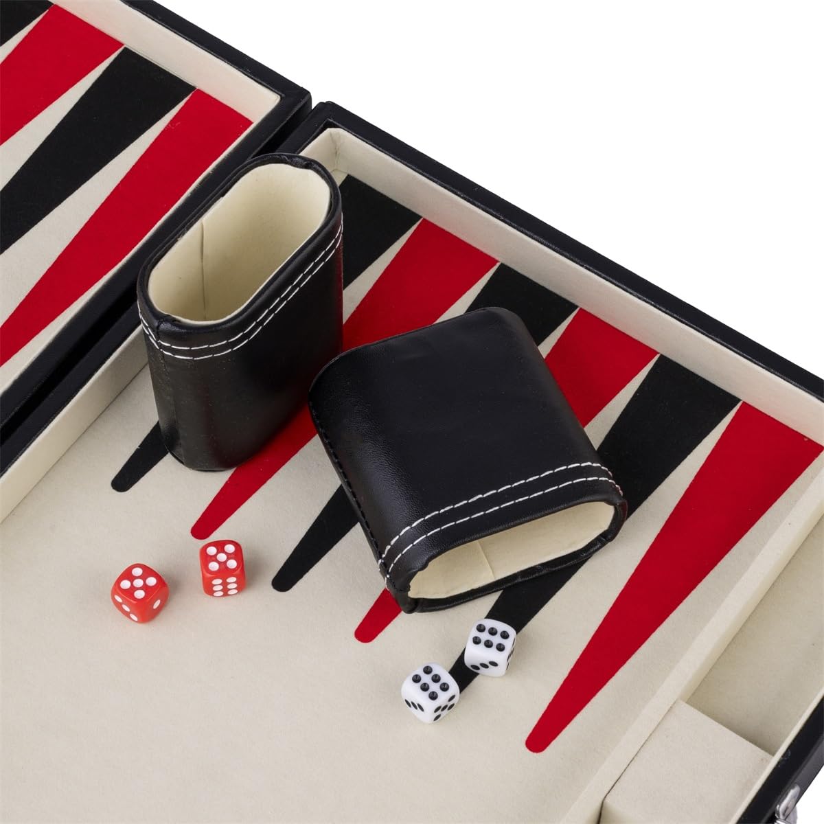 Backgammon Set 36 cm Koffer Kunstleder Rot Schwarz Weiß 250505 | Strategiespiel 2 Spieler mit Filz Spielfeld, 5 Würfeln, 2 Bechern, Spielsteinen und Regeln ab 6 Jahren