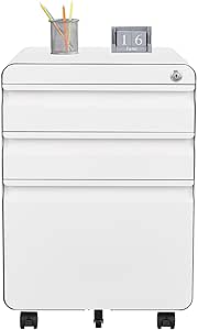 MIIIKO 3 Drawer File Cabinet with Lock on Wheels, Home Office Drawer Cabinets, Mobile Steel Pedestal File Cabinet
