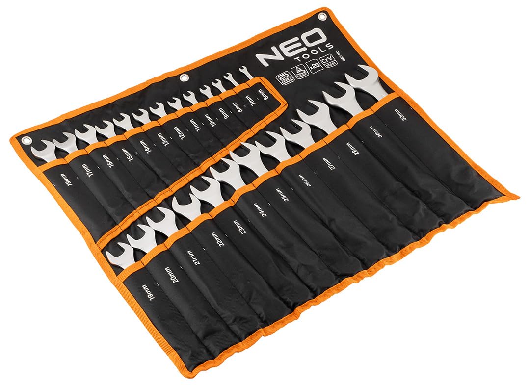 NEO TOOLS 25-częściowy zestaw kluczy płasko-oczkowych 6-32 mm ze stali CrV – zestaw kluczy płasko-oczkowych w praktycznej torbie rolowanej, profesjonalny zestaw narzędzi do warsztatu i garażu, matowy