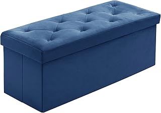 BRIAN & DANY Folding Storage Ottoman Bench, Velvet Large Ottoman Storage Box for Living Room and Bedroom 110 x 40 x 40 cm - Navy Blue