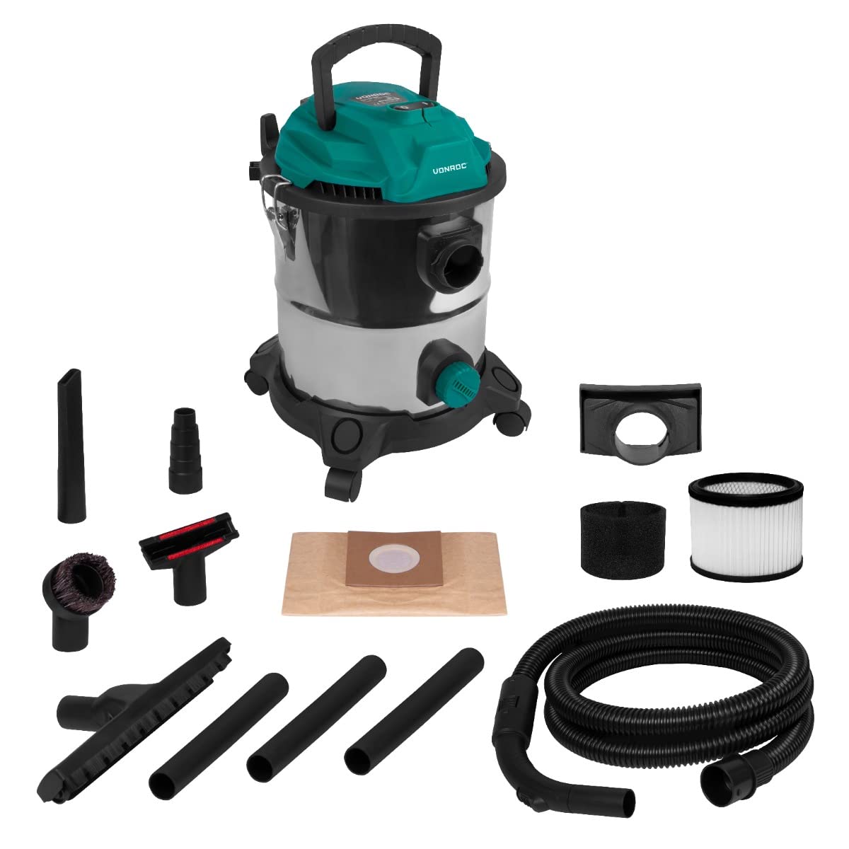 VONROC Aspiratore a umido e a secco multiuso 1400W. Funzione soffiaggio. Serbatoio 20L. Tubo flessibile 3m. Cavo di alimentazione 6m