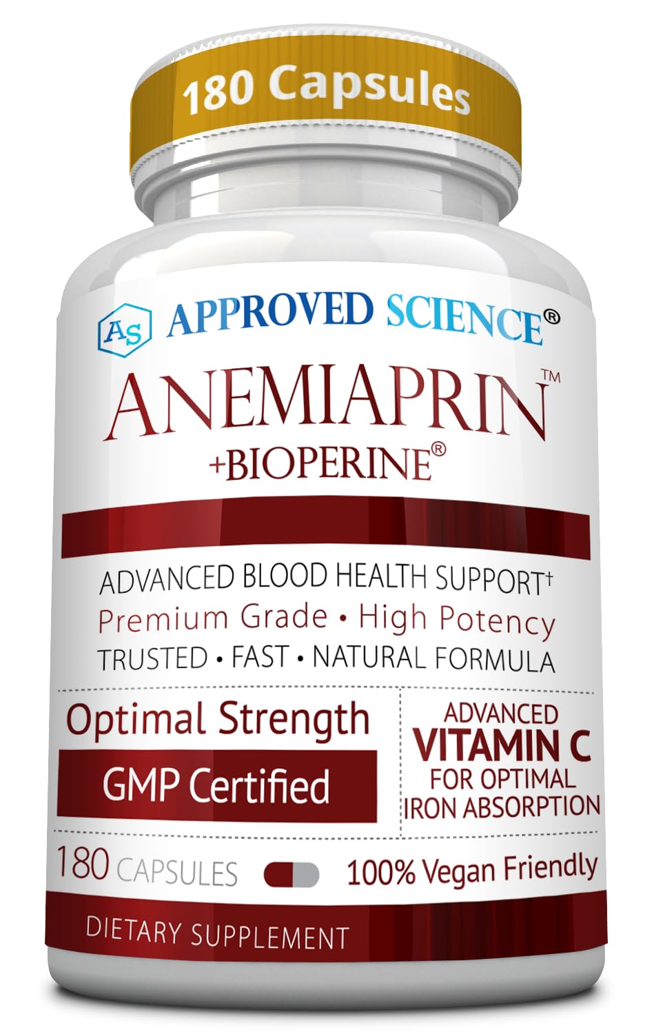 Approved Science Anemiaprin - Absorbable Iron, Vitamin C - Gentle On Stomach - 180 Capsules - 3 Month Supply - Non-GMO, Vegan