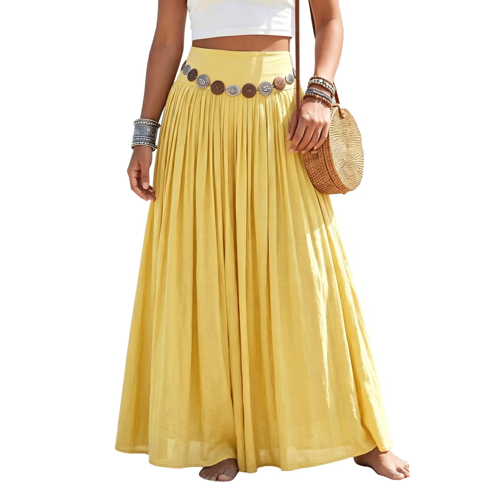 UYHBCNQD Retro Midi Long Skirt Solid Color Women's Maxi Skirts with Waist Chain(Gelb,Lagre)