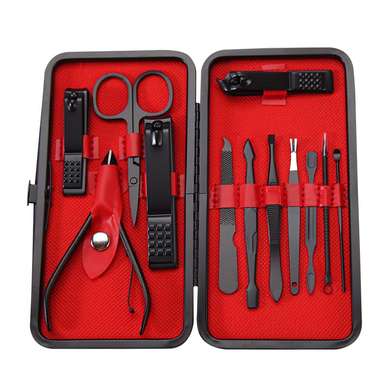 12pcs Black red Nail Clippers Kit Ultra Sharp Sturdy Fingernail Cutters Professional Nail Clippers Pedicure Care Tools Toenail